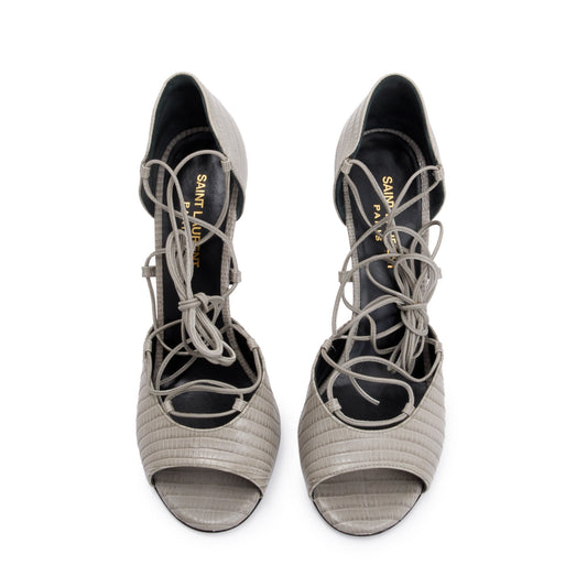 Saint Laurent Grey Croc Embossed Leather Jane Lace Up Sandals, Size 38