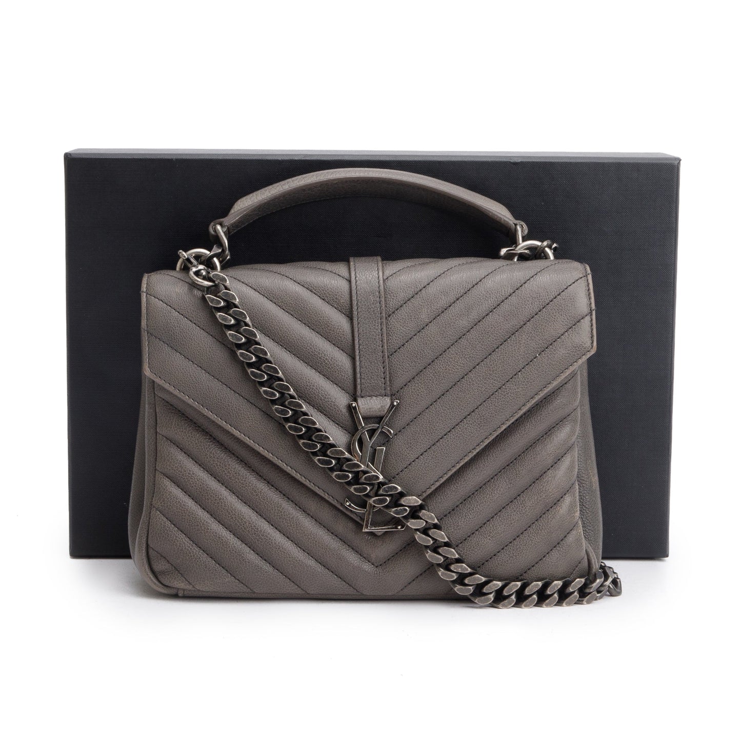 Saint Laurent Grey Leather Medium Chevron College Bag