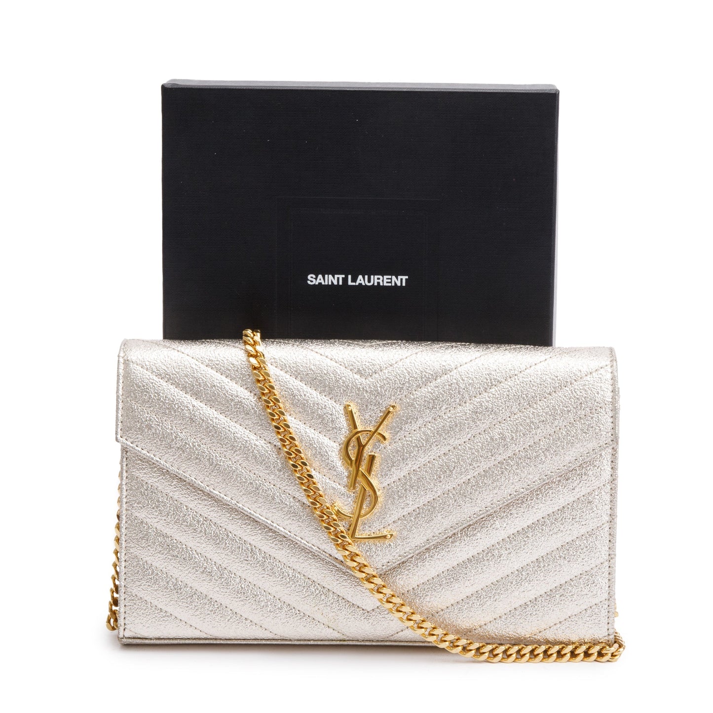 Saint Laurent Metallic Gold Grain De Poudre Leather Cassandre Matelasse Chain Wallet