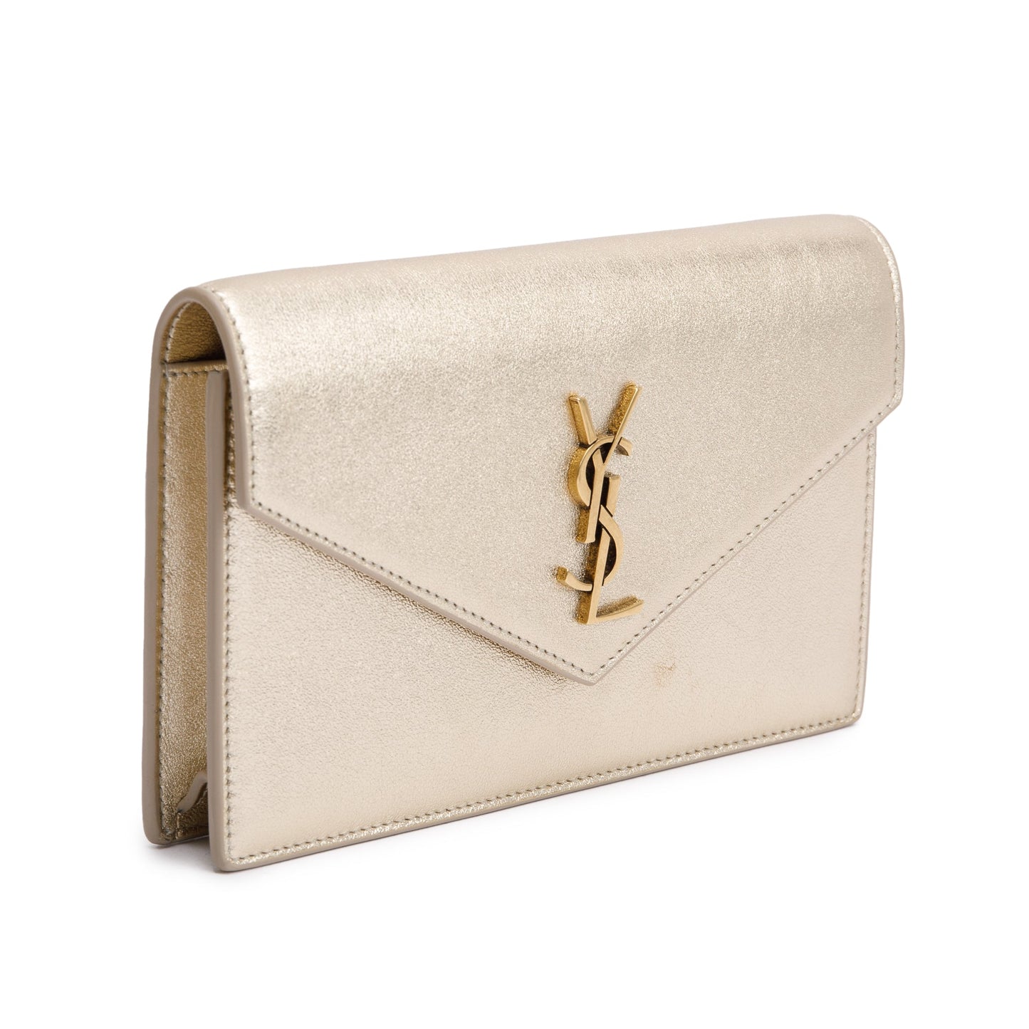 Saint Laurent Metallic Gold Leather Cassandre Envelope Chain Wallet
