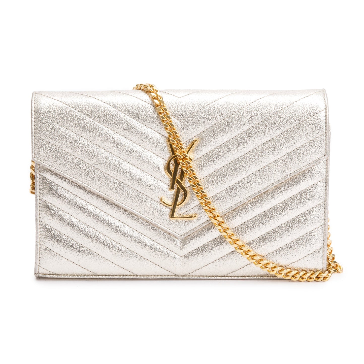 Saint Laurent Metallic Grain De Poudre Leather Cassandre Matelasse Chain Wallet