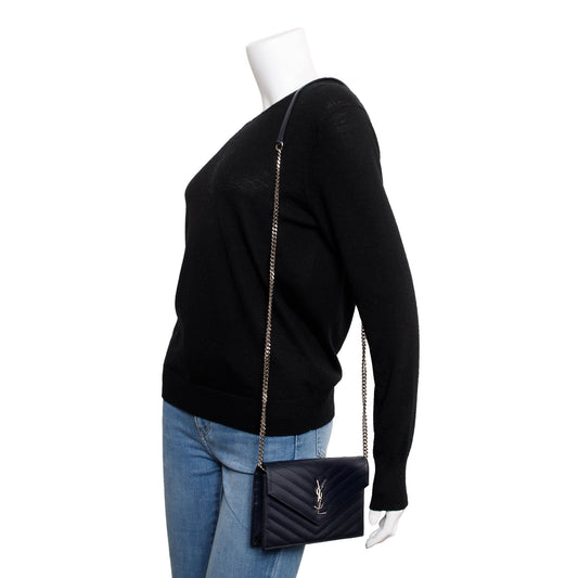 Saint Laurent  Navy Cassandre Matelasse Envelope Chain Wallet
