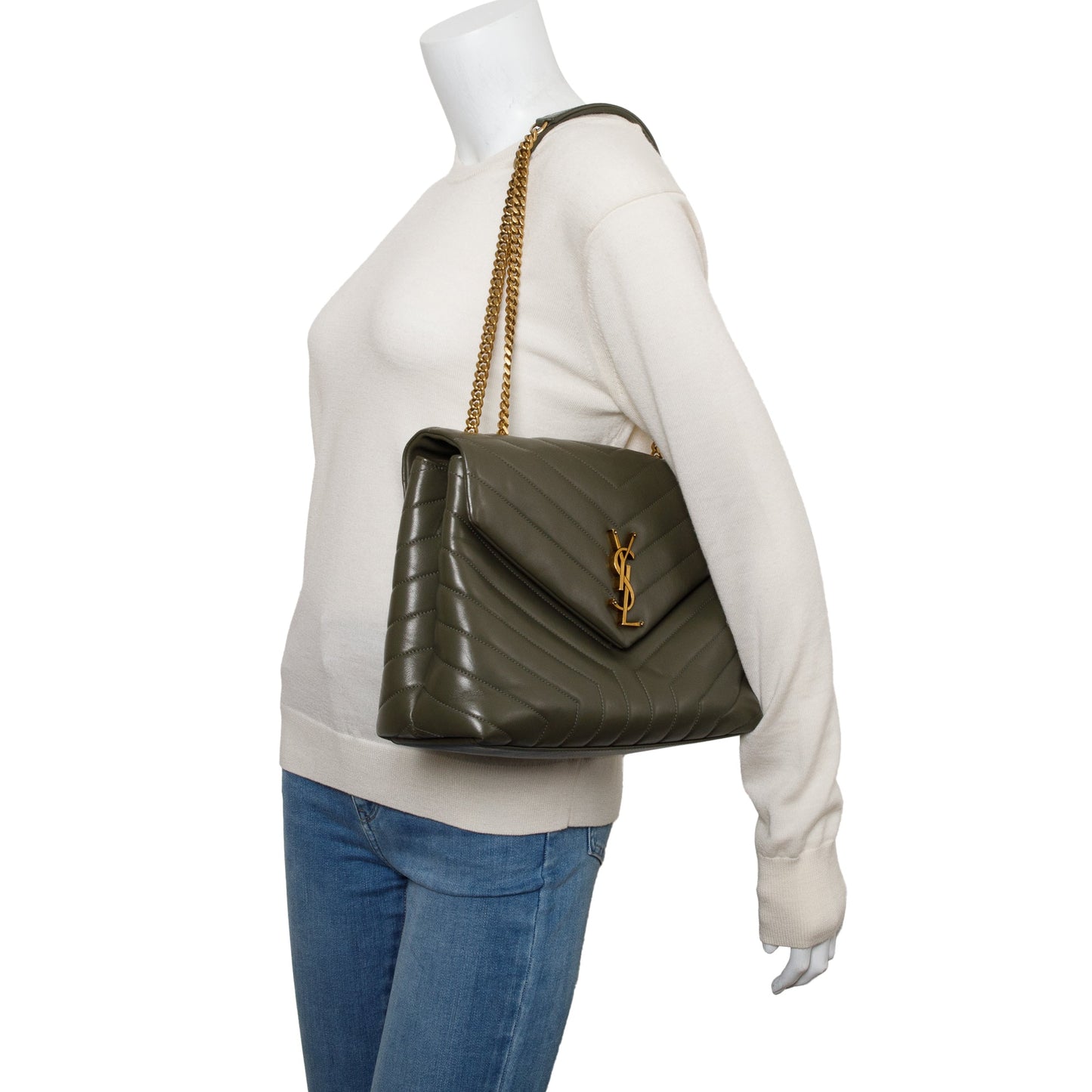 Saint Laurent Olive Green Quilted Leather Medium Loulou Monogram Shoulder Bag