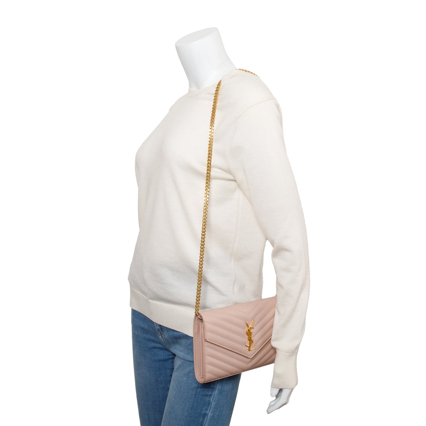 Saint Laurent Pink Grain De Poudre Leather Cassandre Matelasse Chain Wallet
