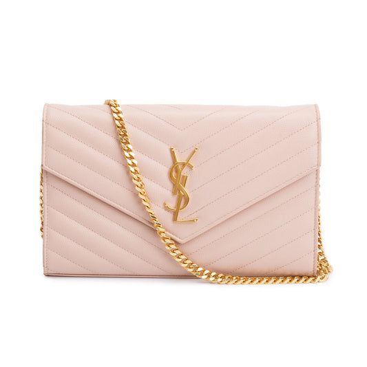 Saint Laurent Pink Grain De Poudre Leather Cassandre Matelasse Chain Wallet
