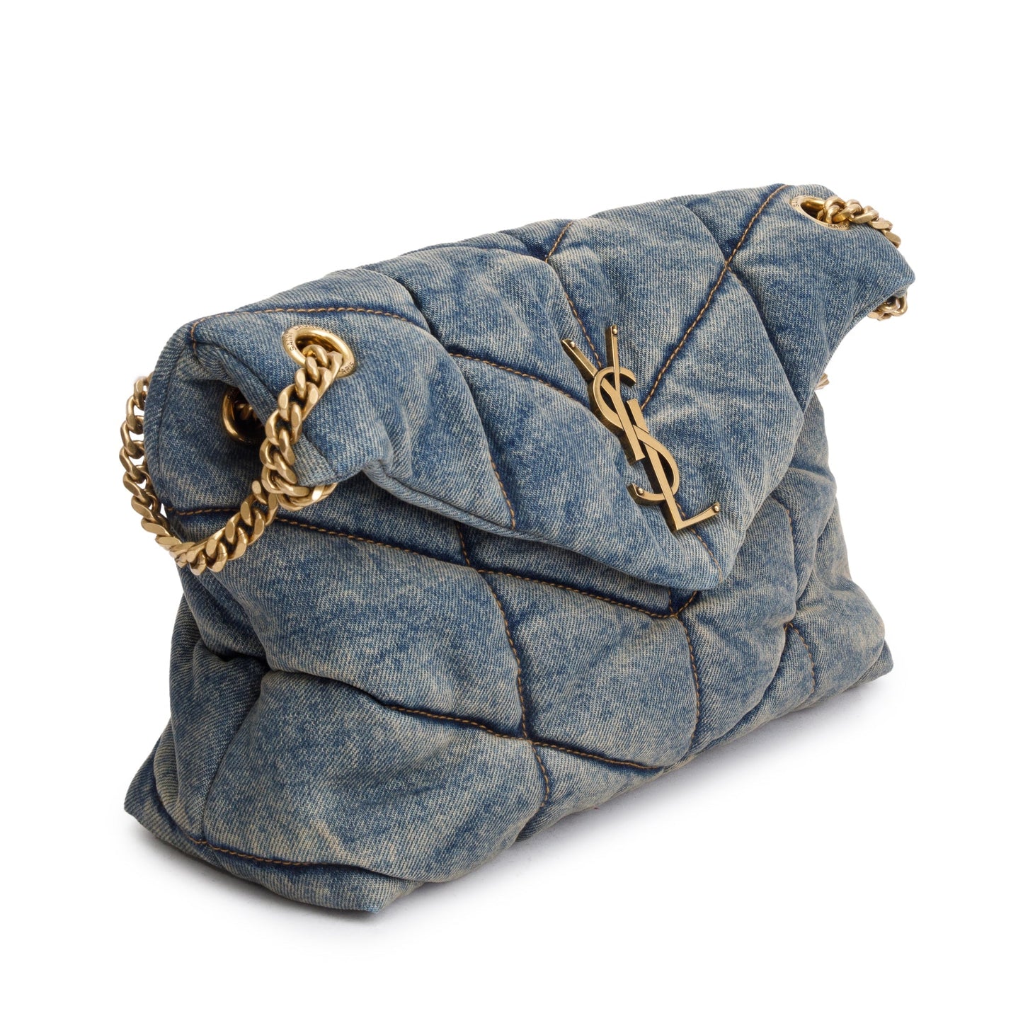 Saint Laurent Quilted Blue Denim Monogram Small Loulou Puffer Chain Satchel