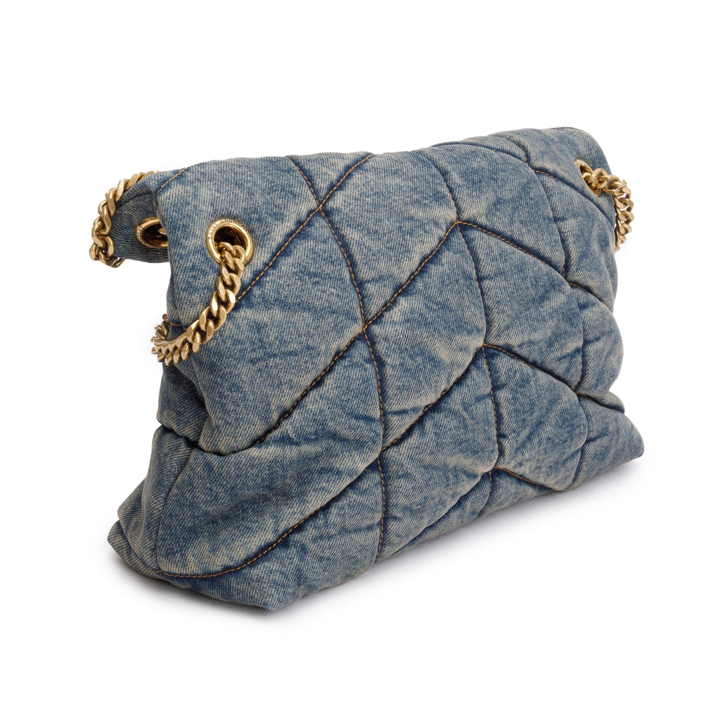 Saint Laurent Quilted Blue Denim Monogram Small Loulou Puffer Chain Satchel
