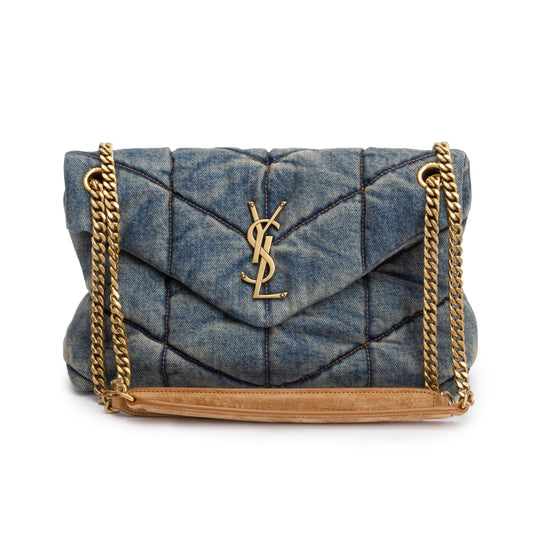 Saint Laurent Quilted Blue Denim Monogram Small Loulou Puffer Chain Satchel