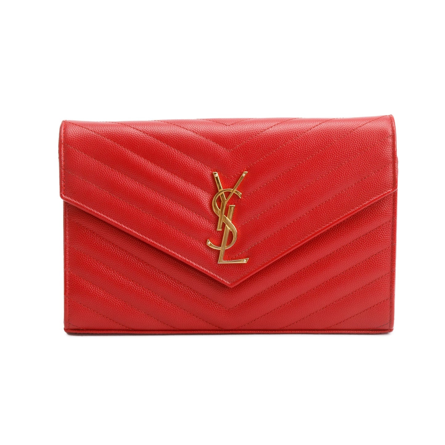Saint Laurent Red Grain De Poudre Leather Cassandre Matelasse Chain Wallet