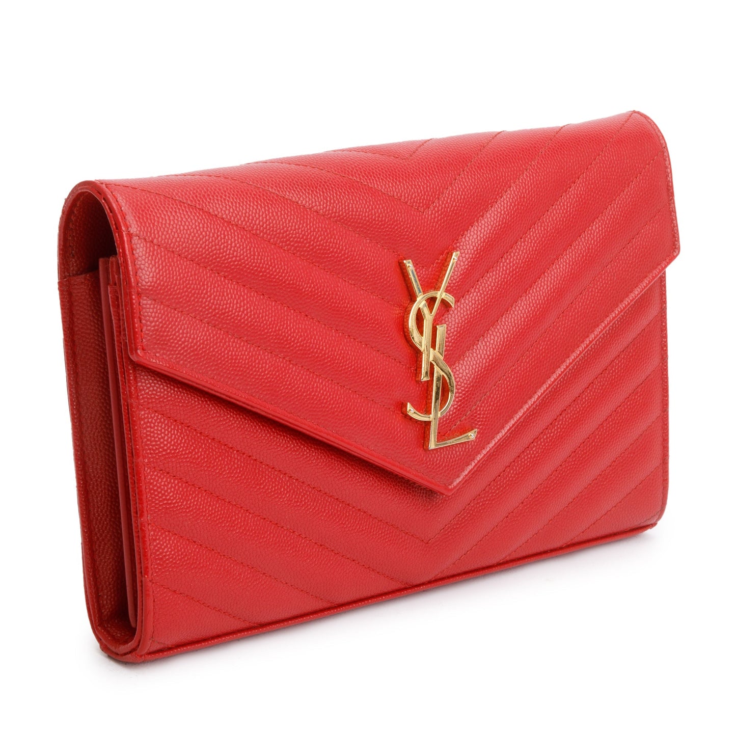 Saint Laurent Red Grain De Poudre Leather Cassandre Matelasse Chain Wallet