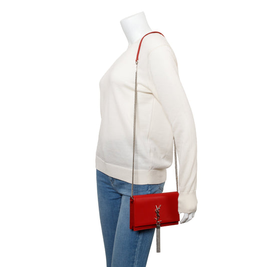 Saint Laurent Red Grain De Poudre Leather Kate Tassel Wallet on Chain