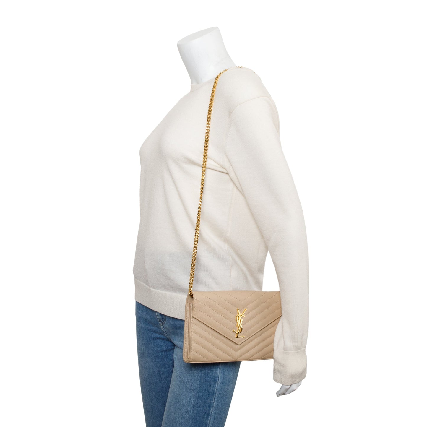 Saint Laurent White Grain De Poudre Leather Cassandre Matelasse Chain Wallet