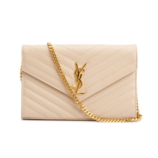 Saint Laurent White Grain De Poudre Leather Cassandre Matelasse Chain Wallet