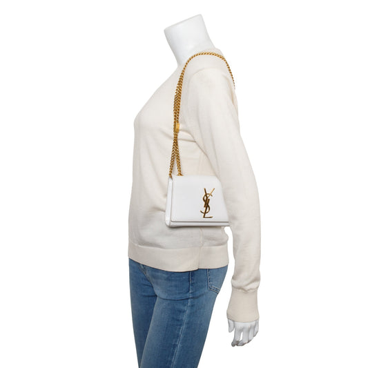Saint Laurent White Grain De Poudre Leather Mini Monogram Kate Bag