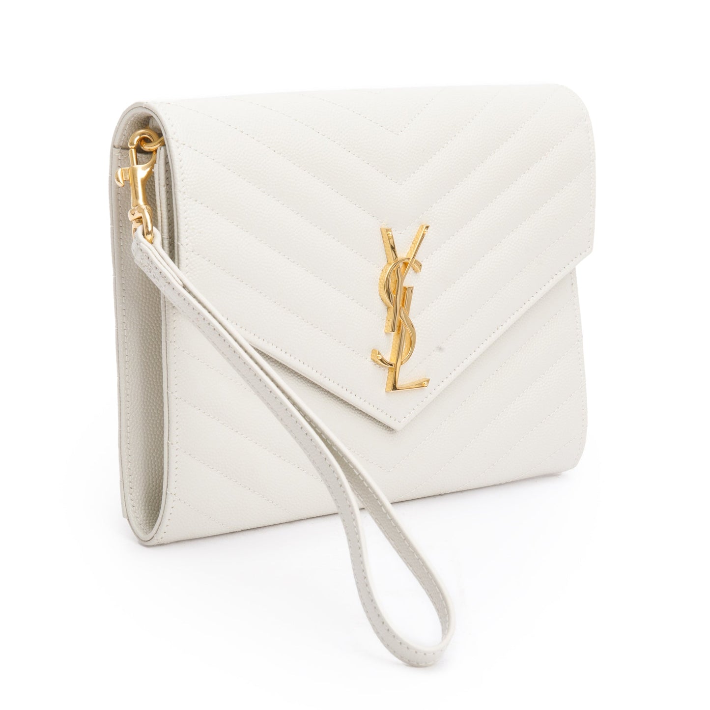 Saint Laurent White Grain de Poudre Matelasse Leather Cassandre Flap Wristlet Pouch