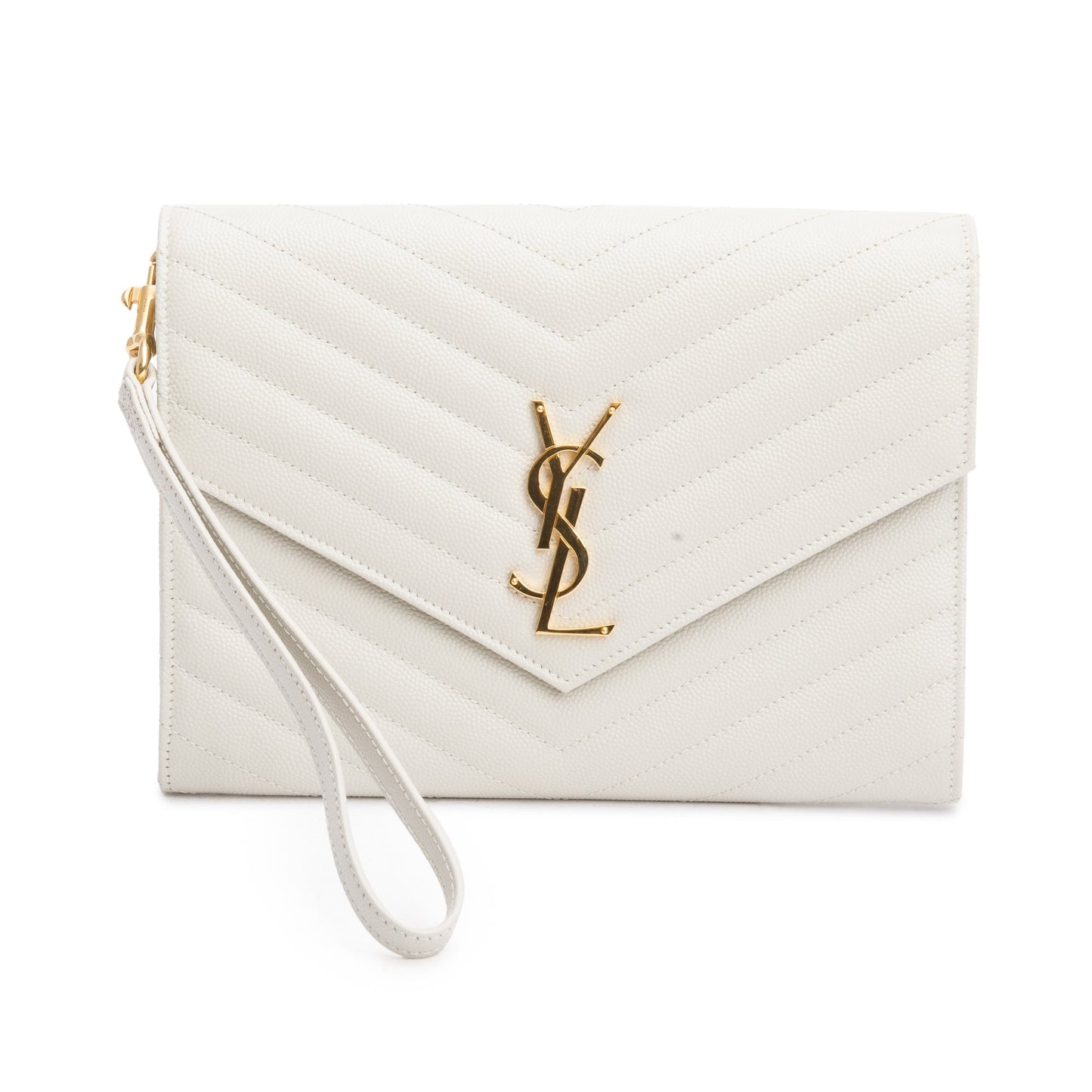 Saint Laurent White Grain de Poudre Matelasse Leather Cassandre Flap Wristlet Pouch
