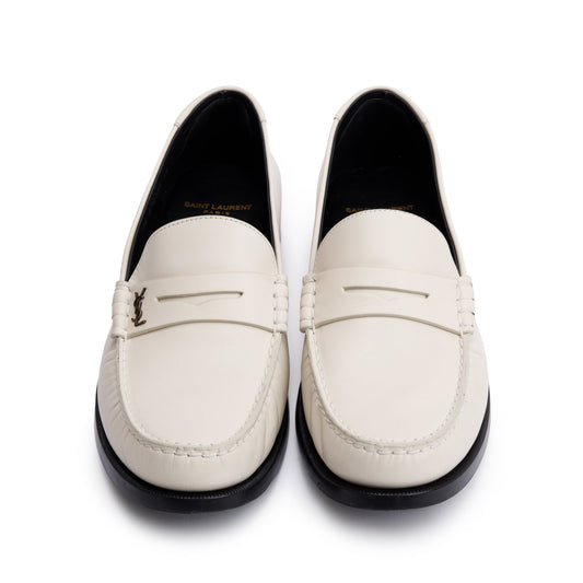 Saint Laurent White Smooth Leather Le Loafer Penny Shoes, Size 44