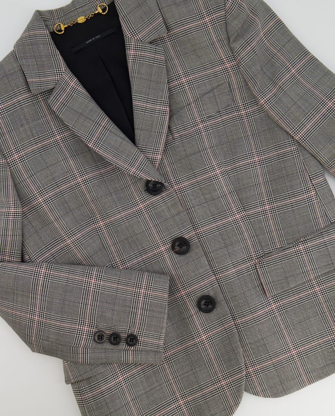 Luxury Gucci Grey Wool Checked Blazer Jacket with Logo Buttons Size IT 38 (UK 6)