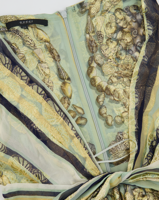 Luxury Gucci Pastel Green Printed Long Silk Dress with Gold Embellishments Size IT 38 (UK 6)
