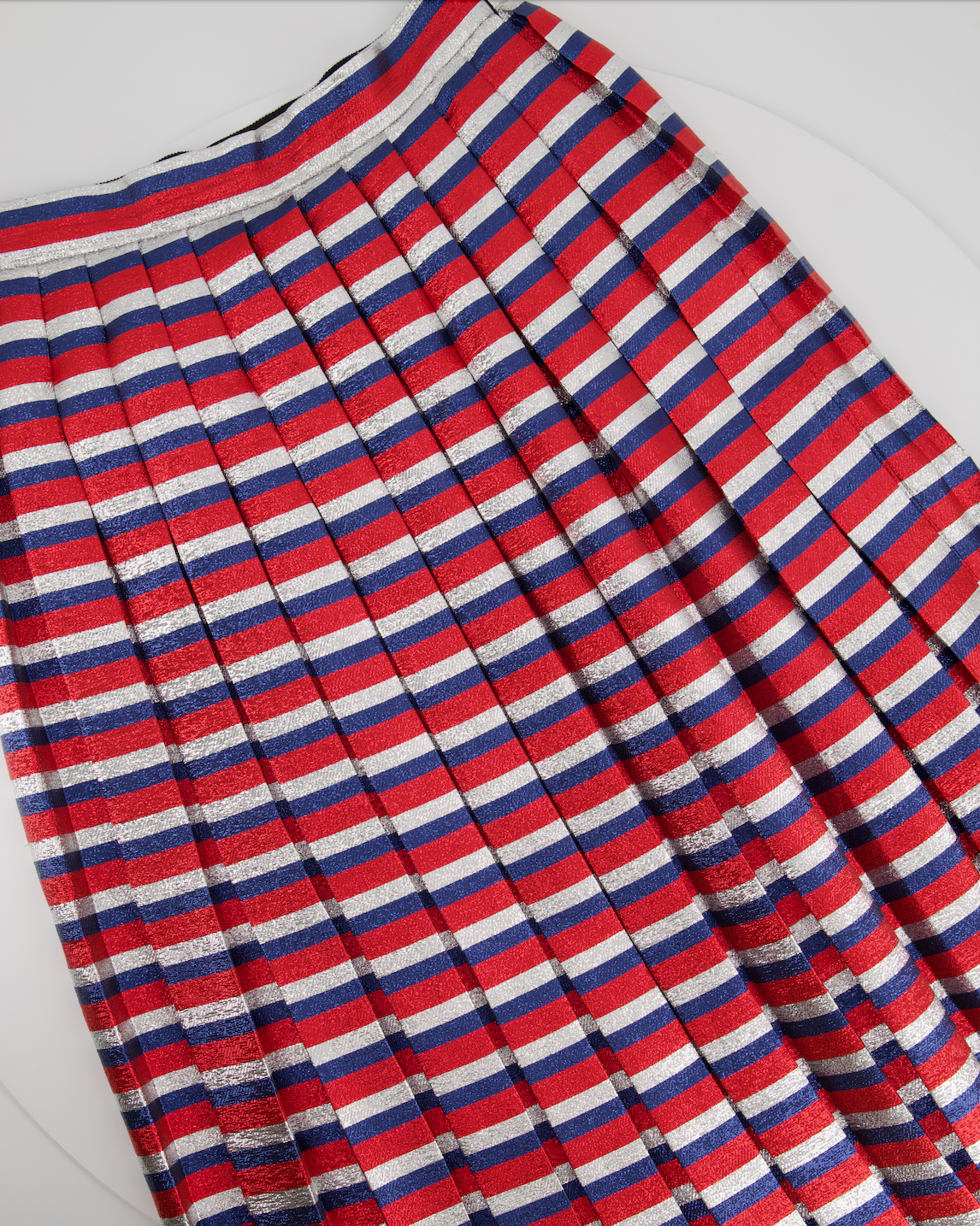 Luxury Gucci Metallic Red, Navy, Silver Stripe Pleated Midi Skirt Size IT 42 (UK 10)