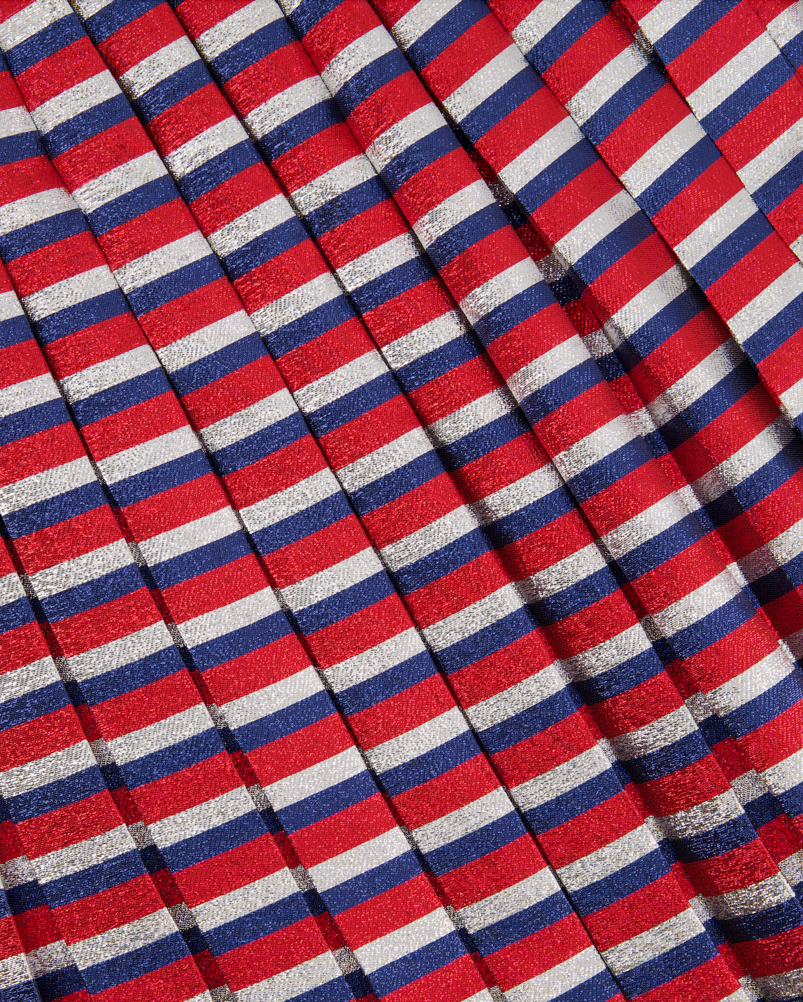 Luxury Gucci Metallic Red, Navy, Silver Stripe Pleated Midi Skirt Size IT 42 (UK 10)