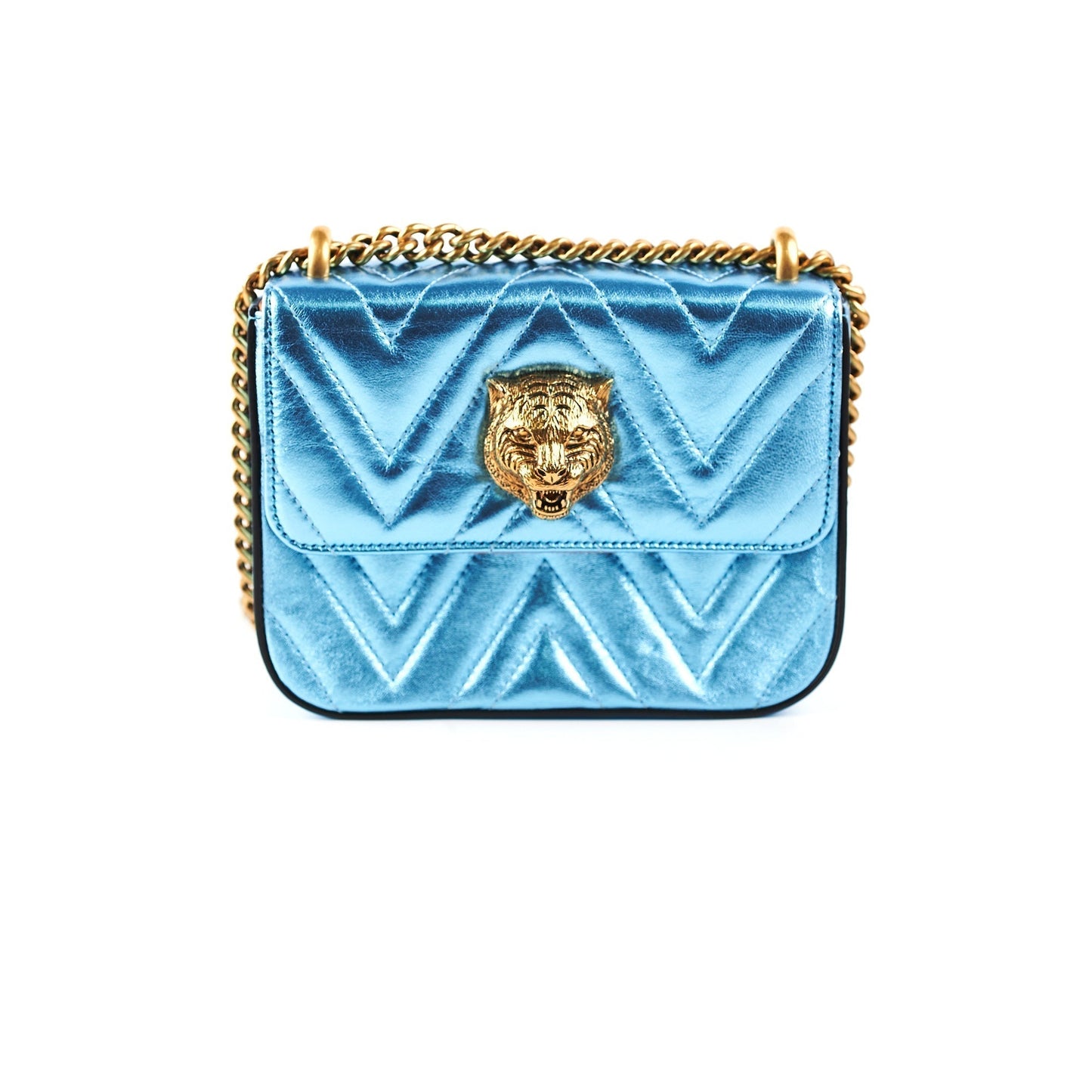 Luxury Gucci Trending 2025 Broadway Cat Tiger Metallic Blue Bag