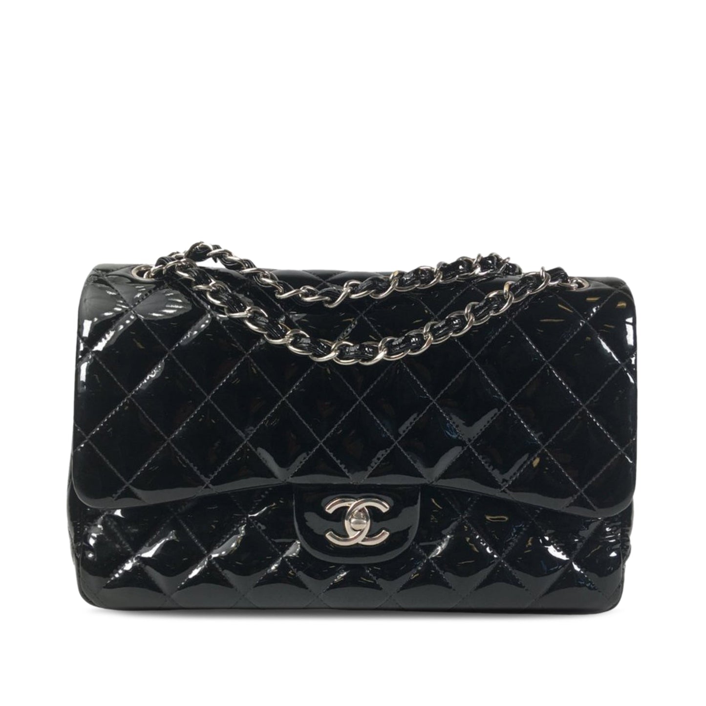 Luxury Chanel Classic Double Flap Jumbo Black Patent Leather Silver