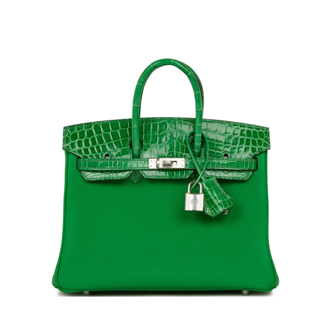 Luxury Hermes Birkin 25 Shiny Crocodile and Togo Vert Bambou Palladium Hardware