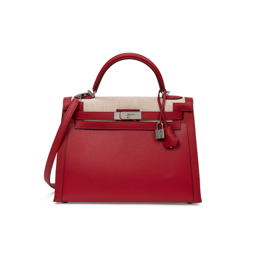Luxury Hermes Kelly 32 Sellier Rouge Piment Swift and Toile Berline Palladium Hardware