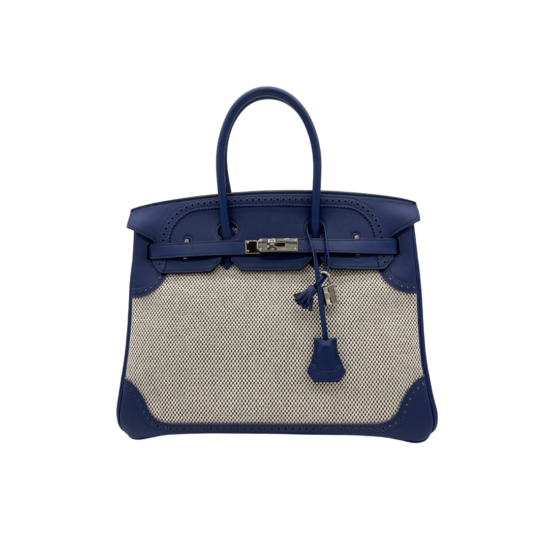 Luxury Hermes Birkin 35 Canvas Bleu de Prusse Palladium Hardware
