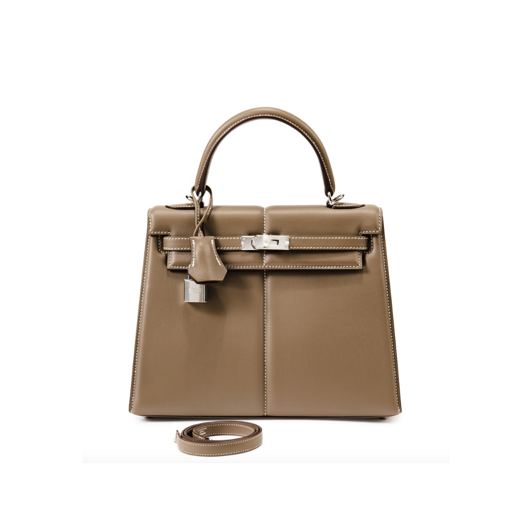 Luxury Hermes Kelly 25 Etoupe Swift Padded Palladium Hardware