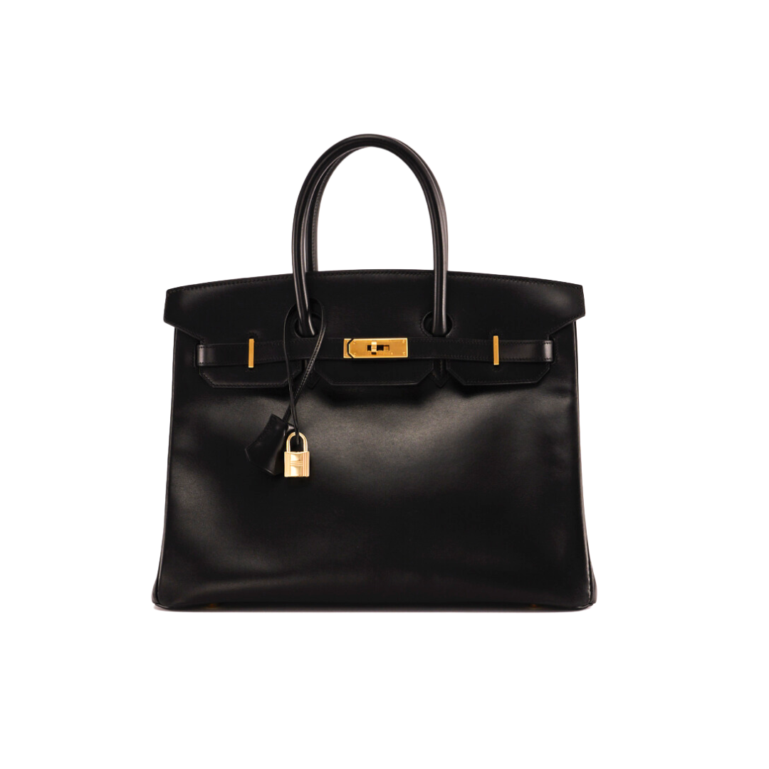Luxury Hermes Birkin 35 Noir Box Leather Gold Hardware