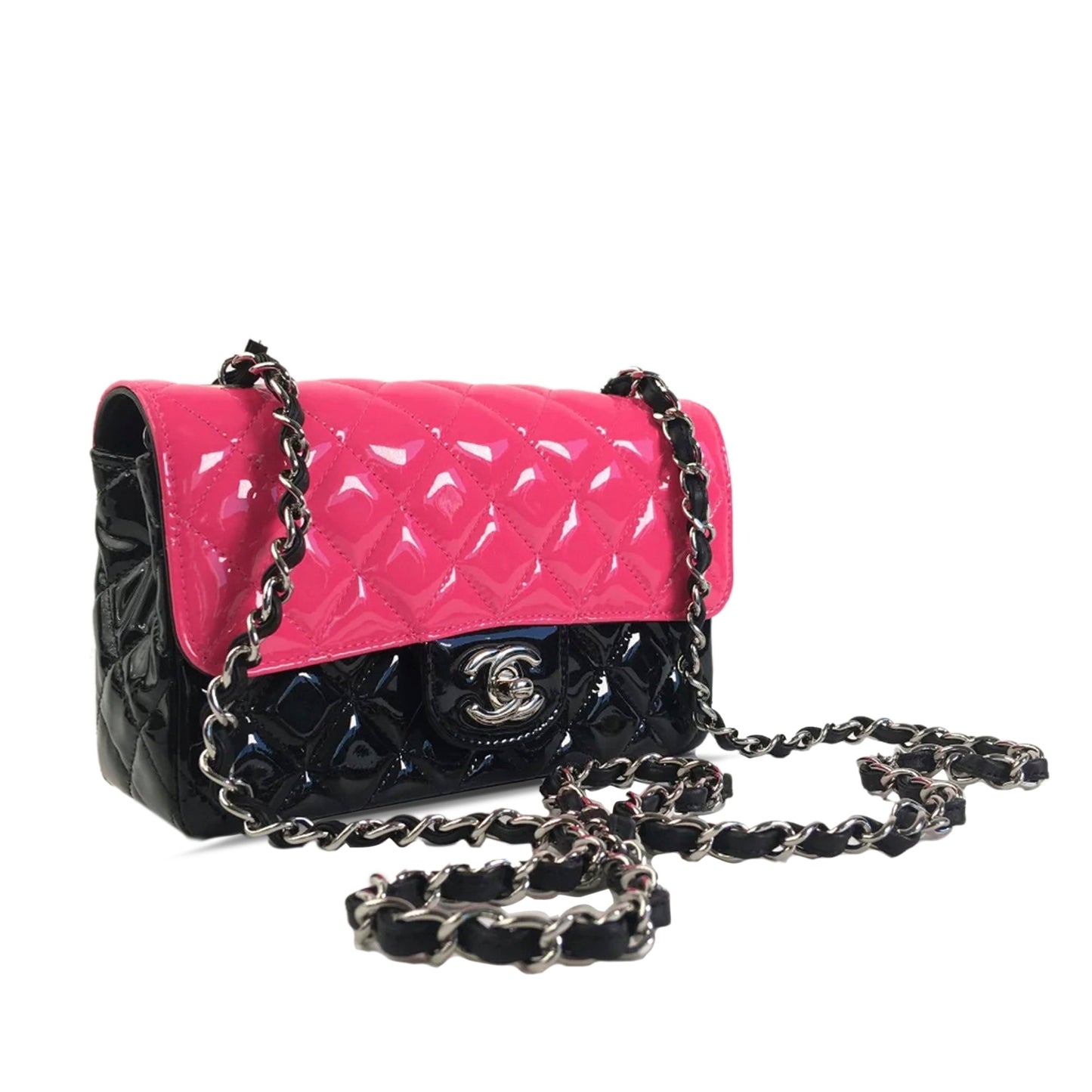 Luxury Chanel Rectangular Flap Mini Bicolor Patent Leather Silver
