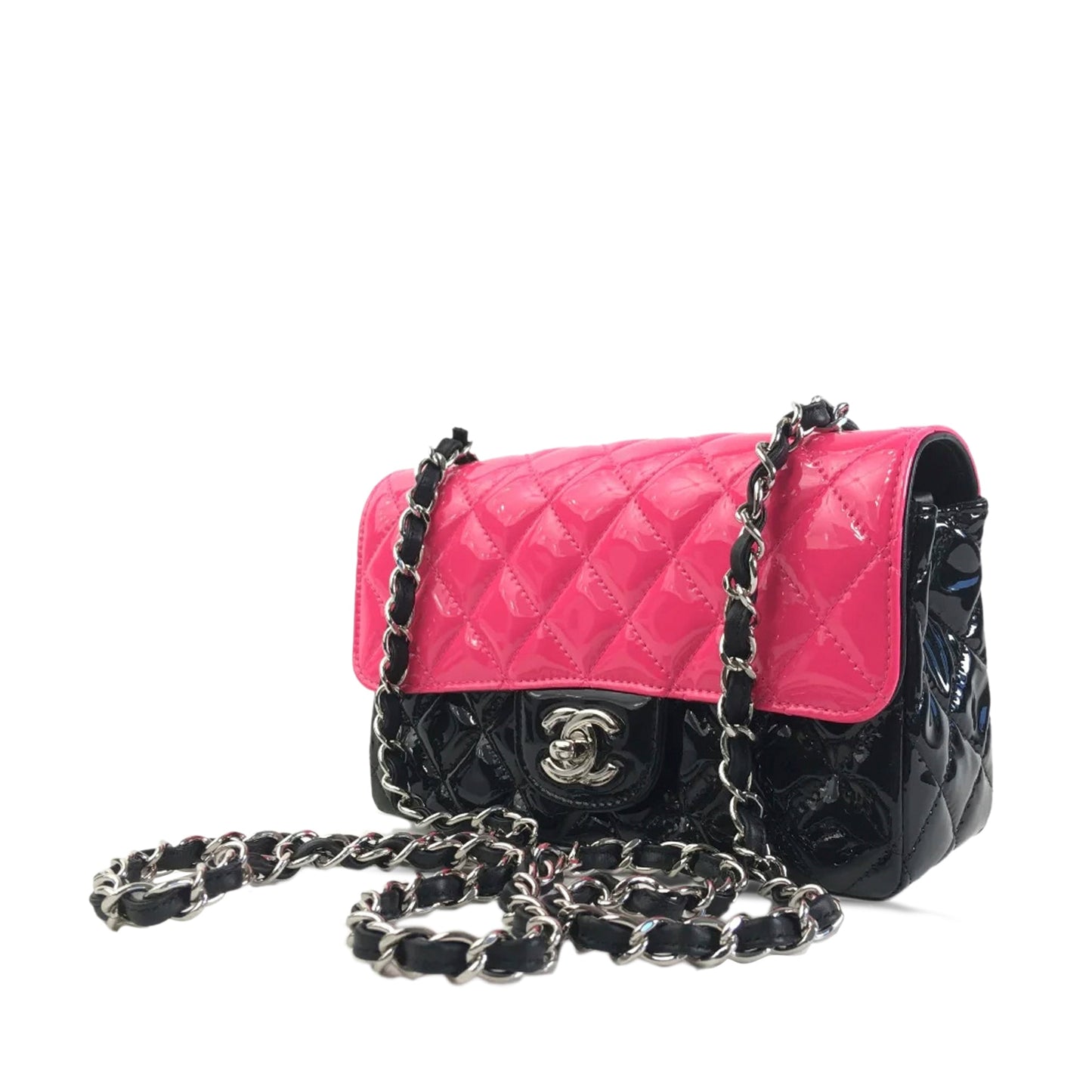 Luxury Chanel Rectangular Flap Mini Bicolor Patent Leather Silver