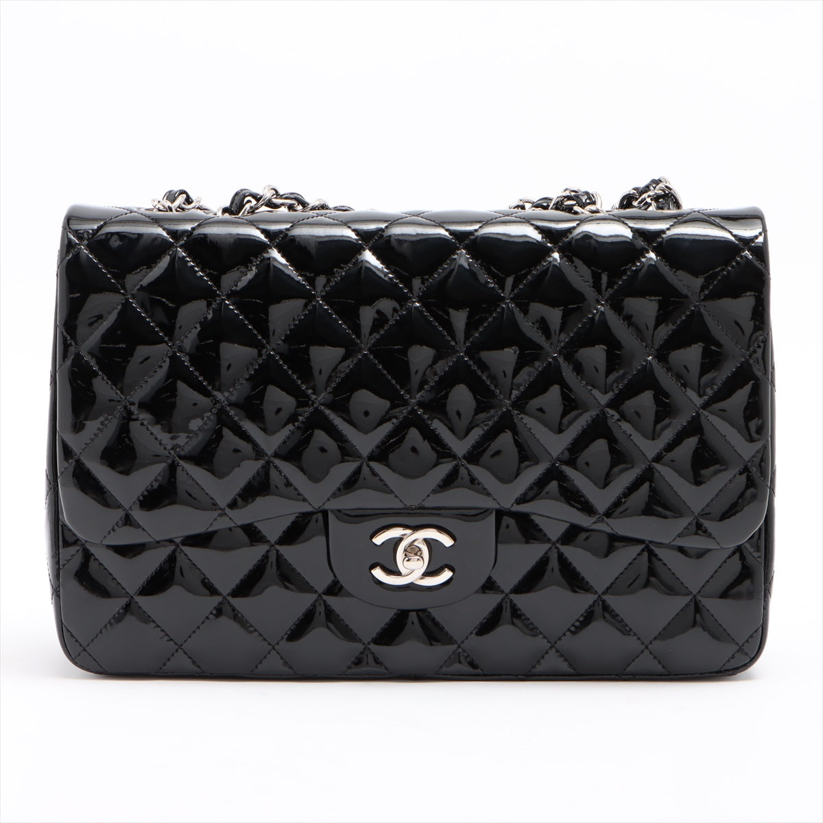 SALE Luxury Chanel Classic Single Flap Jumbo Black Patent Leather Silver