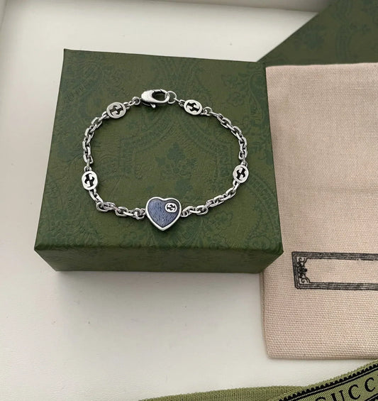 Luxury Gucci GG HEART AGED FINISH STERLING SILVER BLUE ENAMEL BRACELET