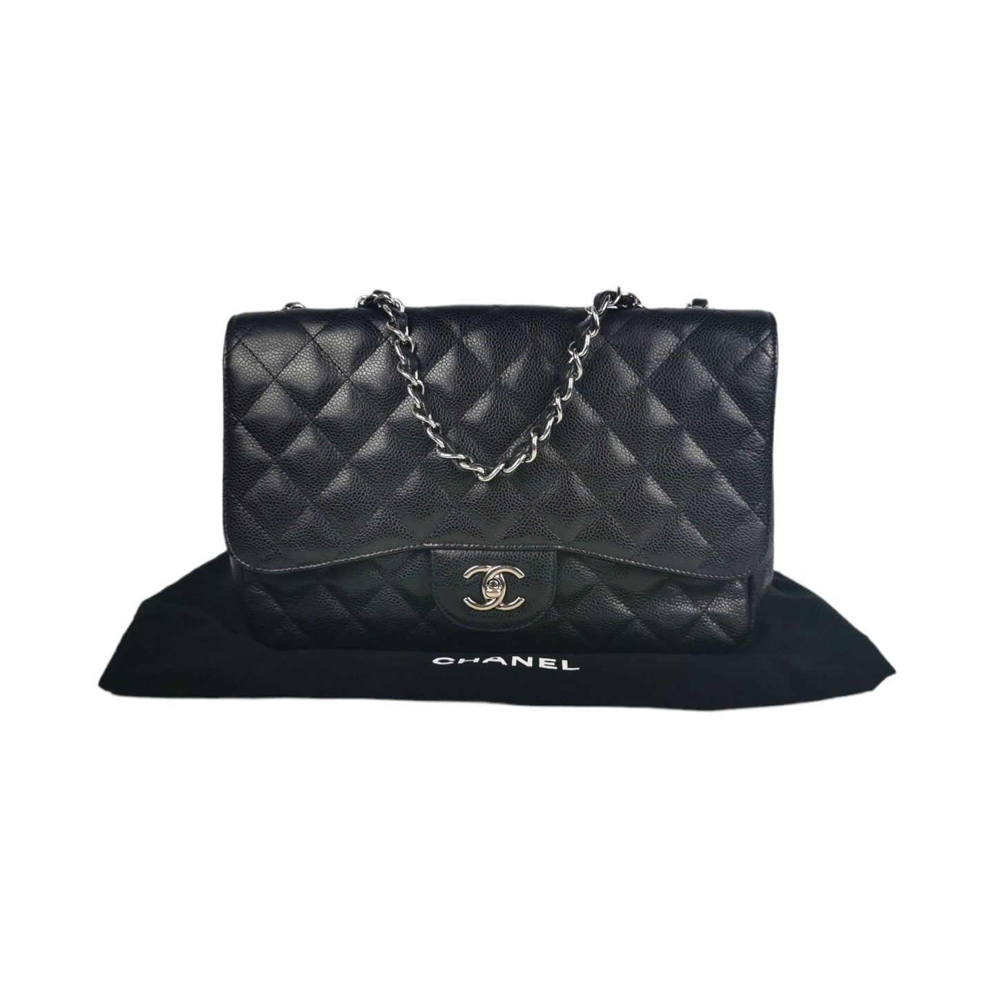 Luxury Chanel Classic Single Flap Jumbo Black Caviar Silver