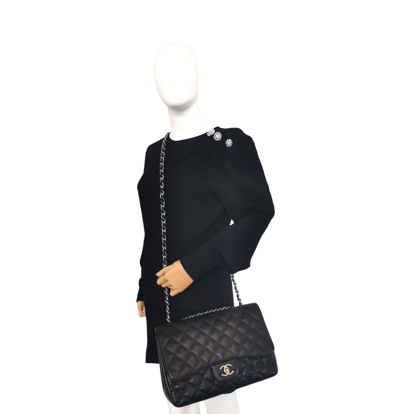Luxury Chanel Classic Single Flap Jumbo Black Caviar Silver