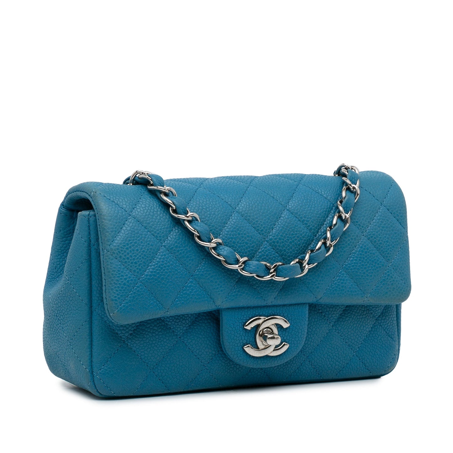 Luxury Chanel Classic Mini Rectangular Single Flap Blue Caviar Silver