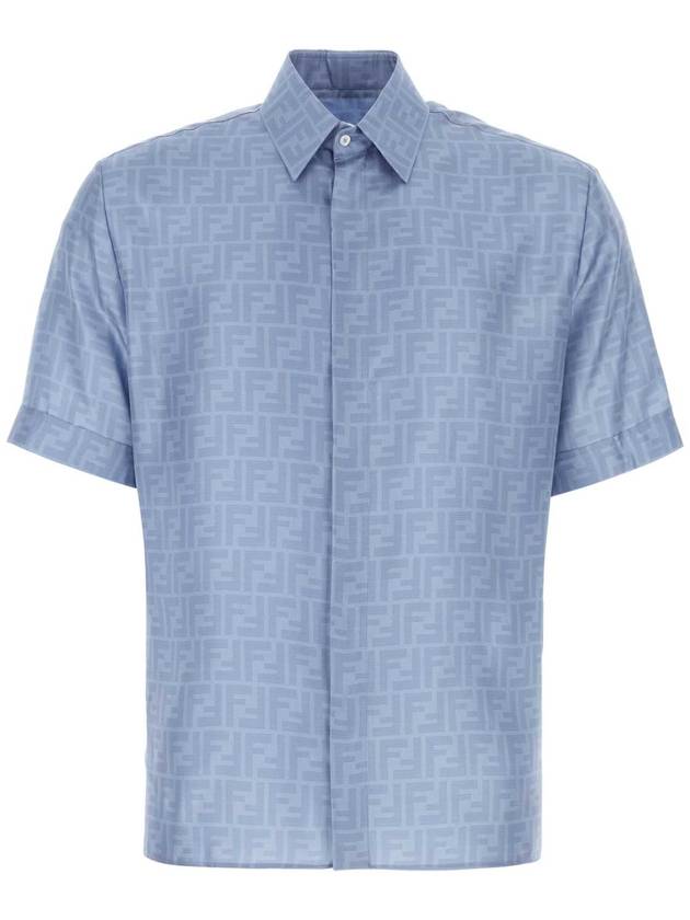 Luxury Fendi Men's FF Motif Silk Short Sleeve Shirt Blue