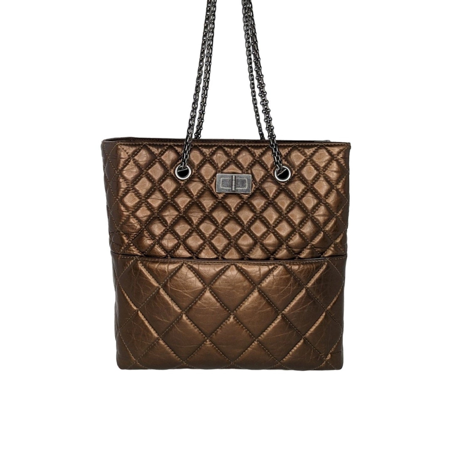 Luxury Chanel bag Metallic Aged Calfskin Quilted Reissue Tall Tote Bronze