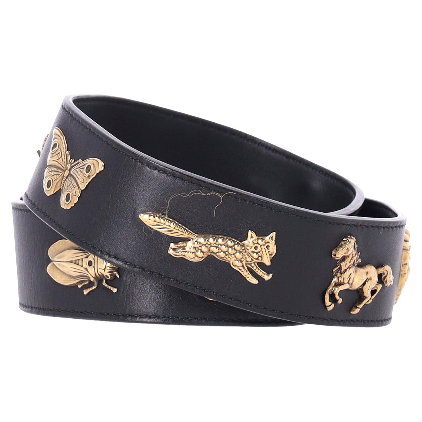 Gucci Marmont Bug Medallion Belt 80/32 in Black Smooth Leather