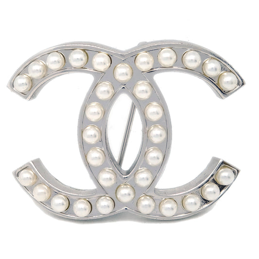Chanel Artificial Pearl Brooch Pin Silver