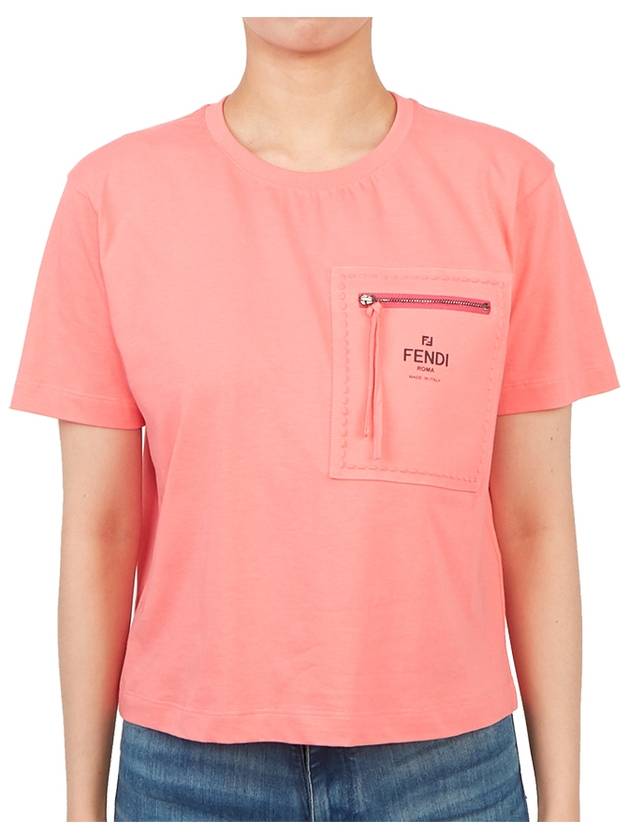 Luxury Fendi Logo Zipper Pocket Cropped Short Sleeve T-Shirt Pink