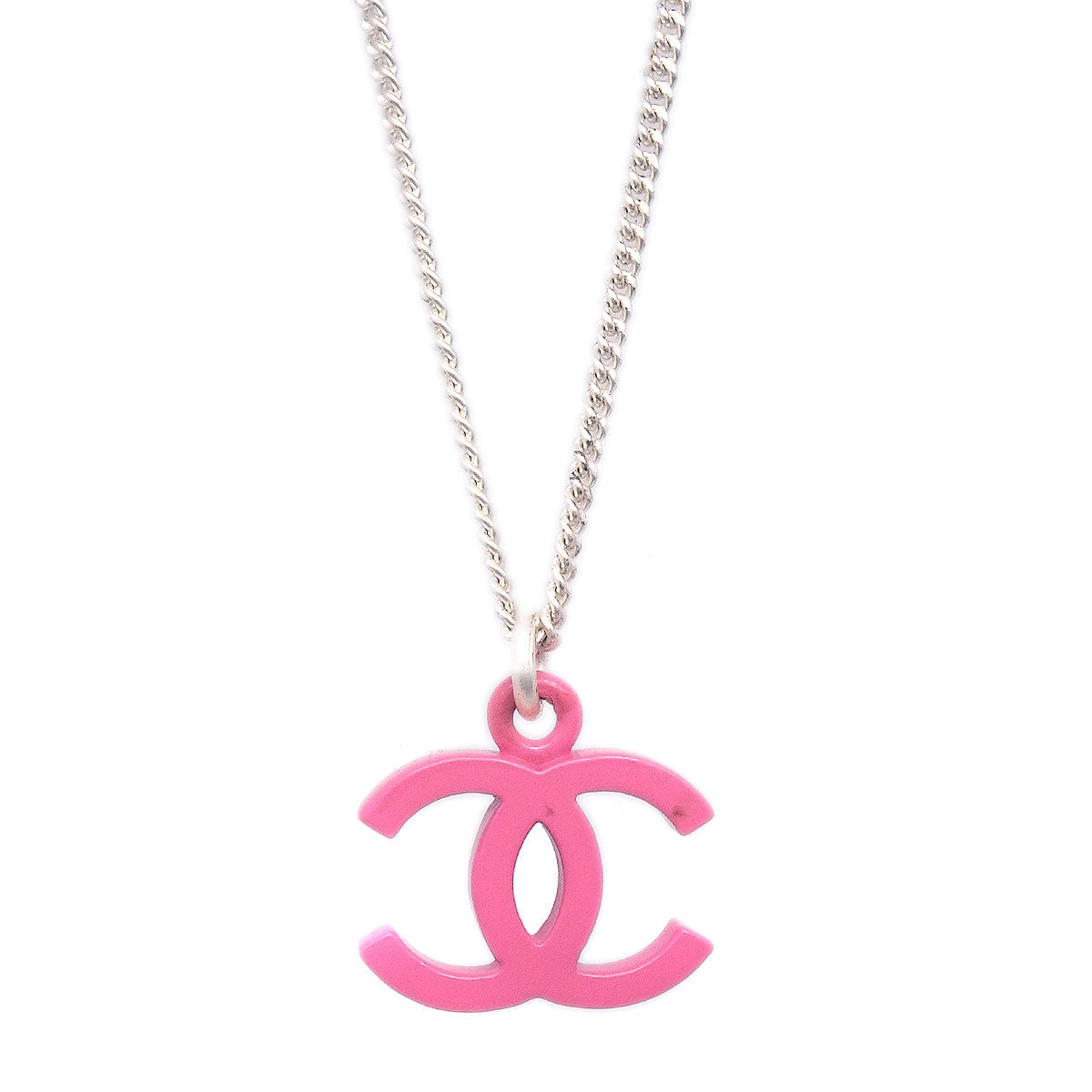 Luxury Chanel 2004 CC Silver Chain Necklace Pink