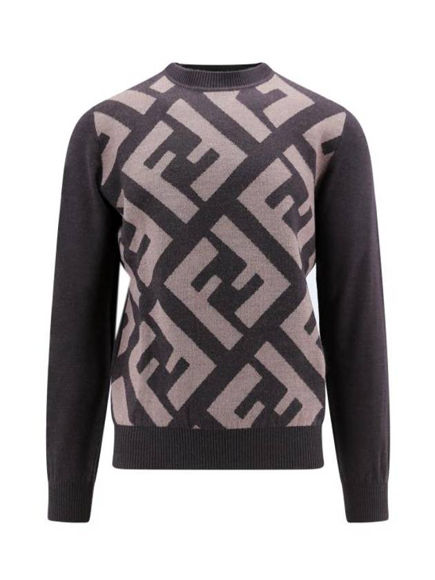 Luxury Fendi Monogram Jacquard Wool Crewneck Knit Top Brown