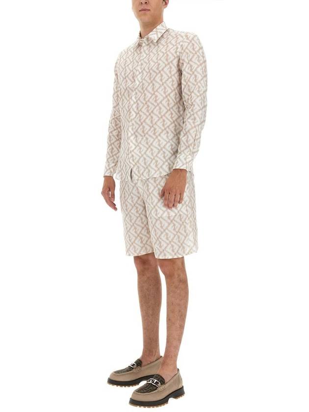 Luxury Fendi Logo Monogram Linen Bermuda Shorts Beige