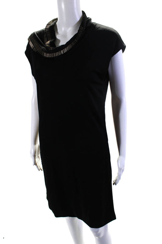 Gucci Womens Short Sleeve Cowl Neck Embellished Trim Dress Black
