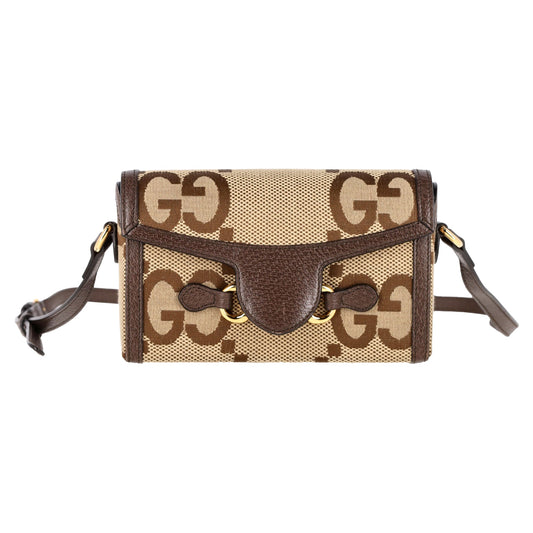 Gucci Mini Horsebit 1955 Flap Crossbody Bag Jumbo GG in Beige Canvas