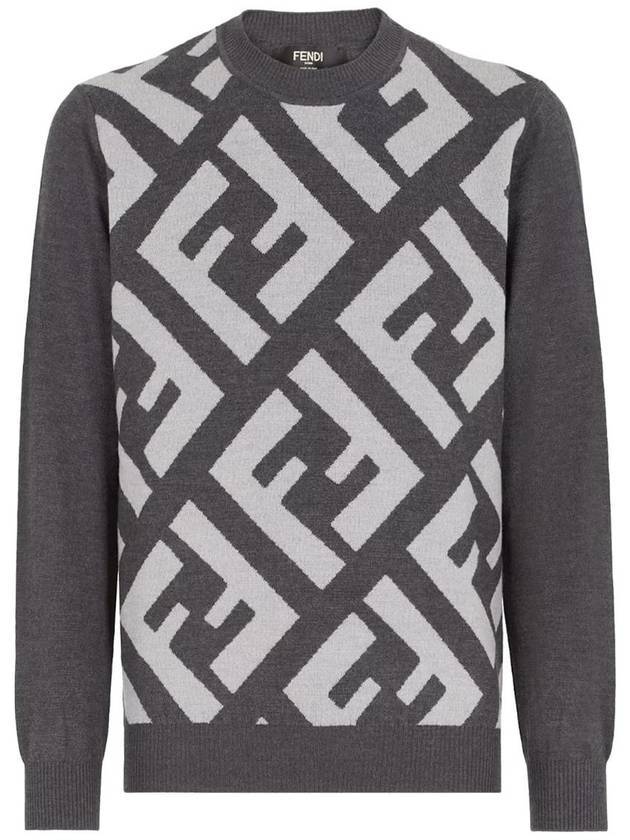 Luxury Fendi Monogram Jacquard Wool Crewneck Knit Top Grey